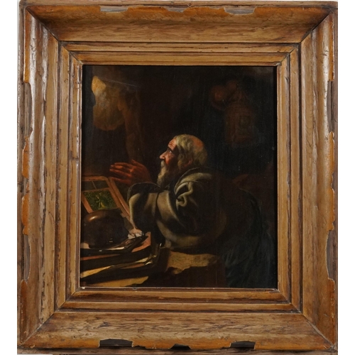 1286A - Saint at prayer in a cave beside Memento Mori Skull, 19th century oil on wood panel, framed, 28cm x ... 