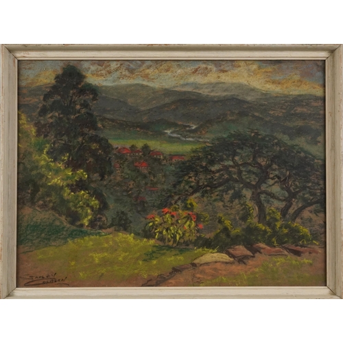 373 - Stanley Colborn - Landscape with houses before mountains, pastel, framed and glazed, 56cm x 41cm exc... 