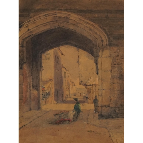 1489 - Street scene with figures and cart, late 19th century watercolour, possibly Bruges, indistinctly sig... 