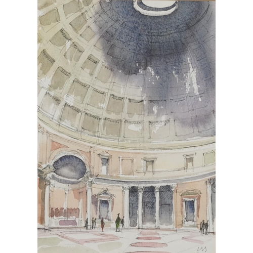 280 - The Pantheon interior, ink and watercolour, label verso, Colin Stansfield Smith, mounted, framed and... 