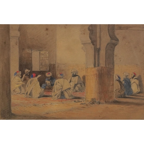 512 - Arabs praying in an interior, Middle Eastern school watercolour, indistinctly inscribed in pencil to... 