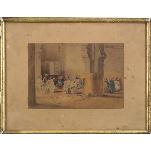 512 - Arabs praying in an interior, Middle Eastern school watercolour, indistinctly inscribed in pencil to... 