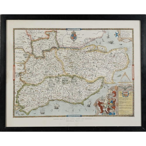 2049 - Saxtons Map of Kent, Sussex, Surrey and Middlesex, mounted and framed, 61.5cm x 48.5cm excluding the... 