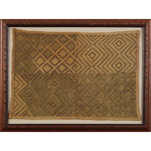 1464 - African Kuba cloth textile, framed and glazed, 51cm x 35cm excluding the frame