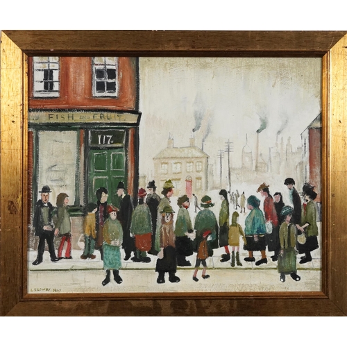 301 - Manner of Laurence Stephen Lowry - Figures walking about before an industrial town, oil on board, mo... 