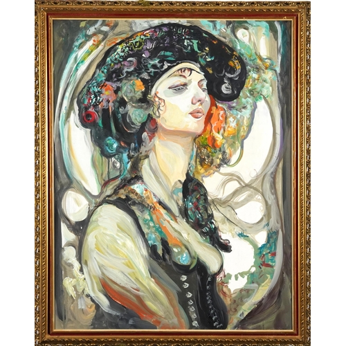 1286 - Portrait of a female wearing a hat, oil on board, mounted and framed, 67.5cm x 52cm excluding the mo... 