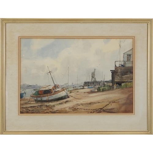 67 - Ashton Cannell - Low Water, watercolour, The Wapping Group of Artists label verso, mounted, framed a... 