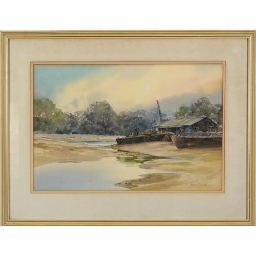 71 - Ashton Cannell - Brentford Creek, watercolour, The Wapping Group of Artists label verso, mounted, fr... 