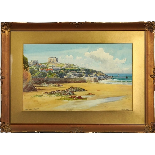 204 - Douglas Pinder - Towan Beach, Newquay, Cornish watercolour, F E Williams & Co label verso, mounted, ... 