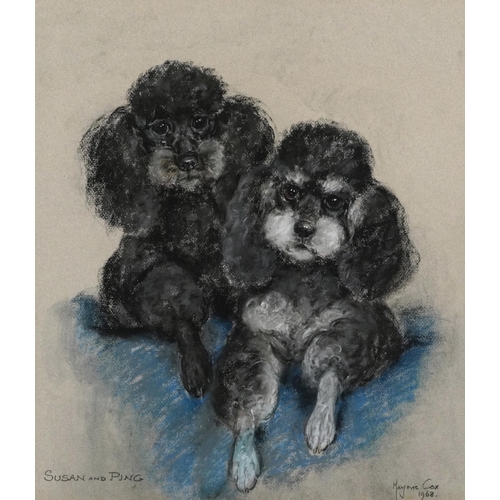 1696A - Marjorie Cox 1968 - Portrait of two Poodles called Susan & Ping, signed pastel, mounted, framed and ... 