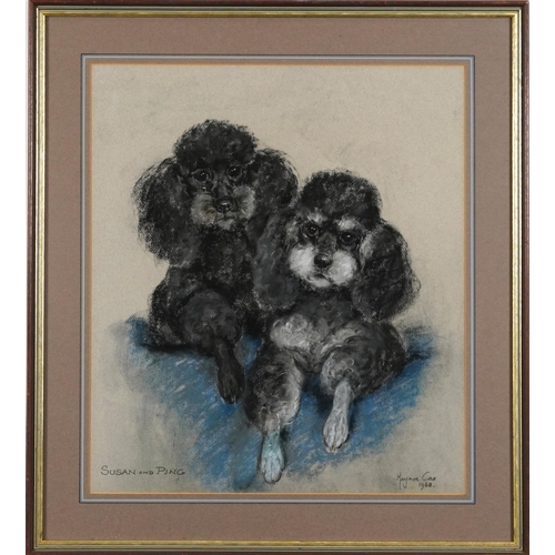 1696A - Marjorie Cox 1968 - Portrait of two Poodles called Susan & Ping, signed pastel, mounted, framed and ... 