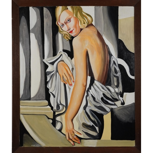 70 - Manner of Tamara de Lempicka - Portrait of semi nude female, Polish school oil on board, framed, 94c... 