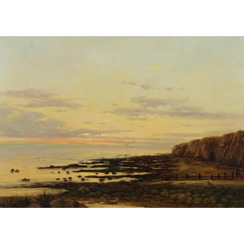 205 - Konig - Rocky coastal scene with cliffs, oil on board, National Fine Arts certificate verso, mounted... 