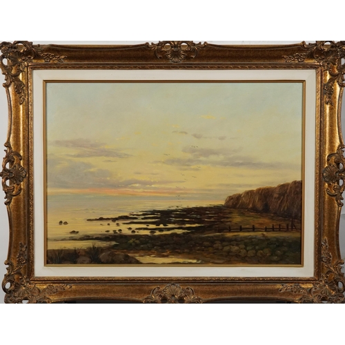 205 - Konig - Rocky coastal scene with cliffs, oil on board, National Fine Arts certificate verso, mounted... 