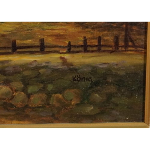 205 - Konig - Rocky coastal scene with cliffs, oil on board, National Fine Arts certificate verso, mounted... 