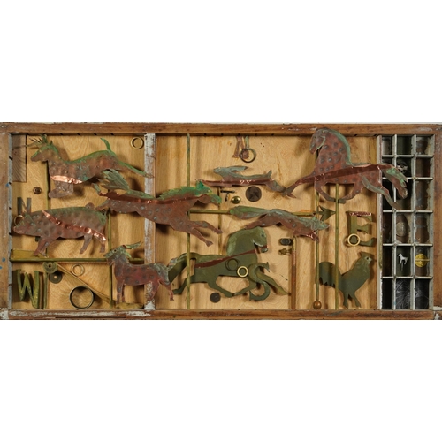1290A - Clive Fredriksson - The Weathervane, Horses, farm animals and foxes, 3D metal and mixed media, frame... 