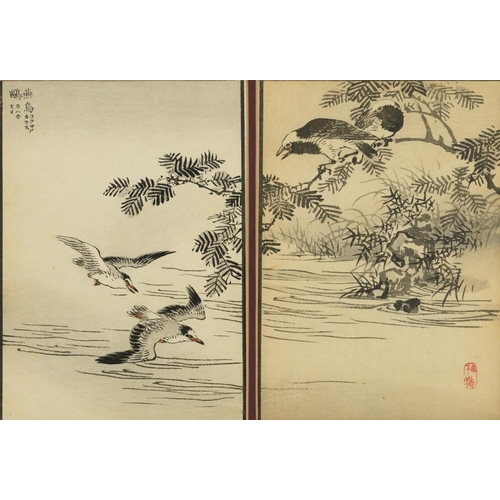 410 - Kono Naotoyo Bairei - Birds in flight and birds above water, pair of Japanese woodblock prints with ... 