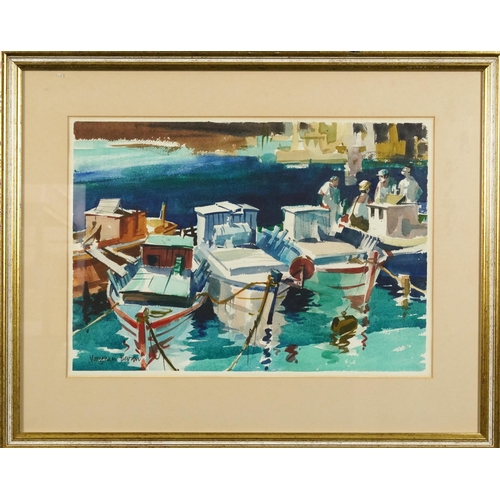 450 - Vaughan Gwilliam Bevan - Fishing boats, Greece, watercolour, Penns Fine Art Gallery label verso, mou... 