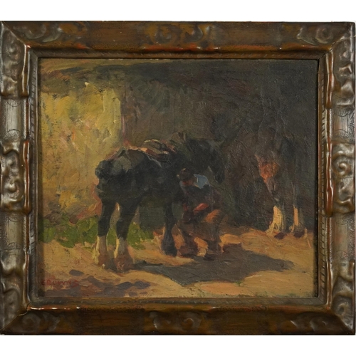 412 - Edgar Downs - Farrier and workhorses, 20th century British oil on canvas, framed, 34cm x 29.5cm excl... 