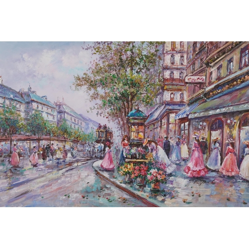 1287 - Parisian street scene with horse drawn cart, oil on canvas, framed, 91cm x 60cm excluding the frame