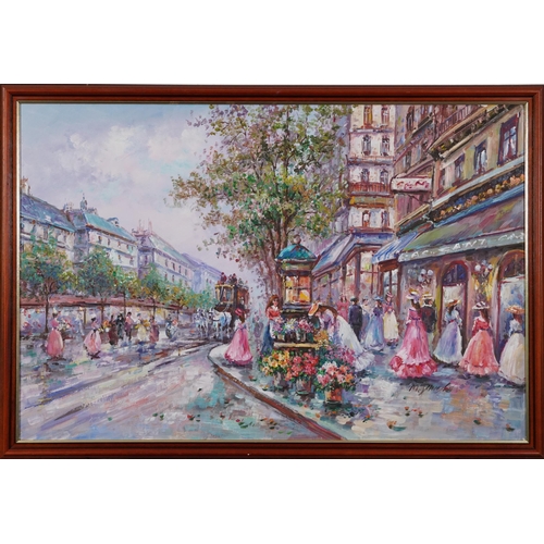 1287 - Parisian street scene with horse drawn cart, oil on canvas, framed, 91cm x 60cm excluding the frame