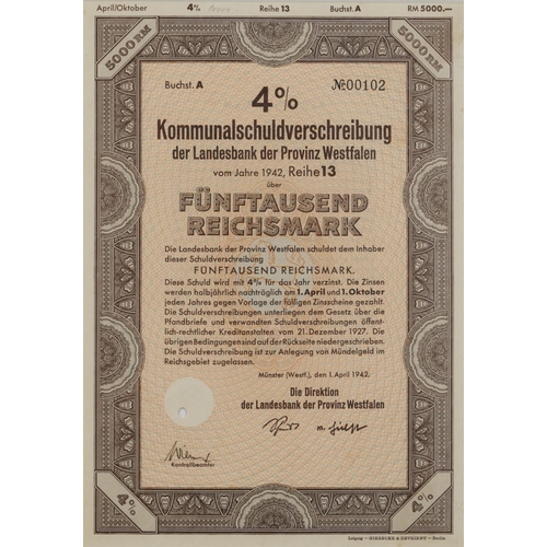 2048 - Three 1940s German share certificates, each mounted, framed and glazed, each approximately 29cm x 21... 