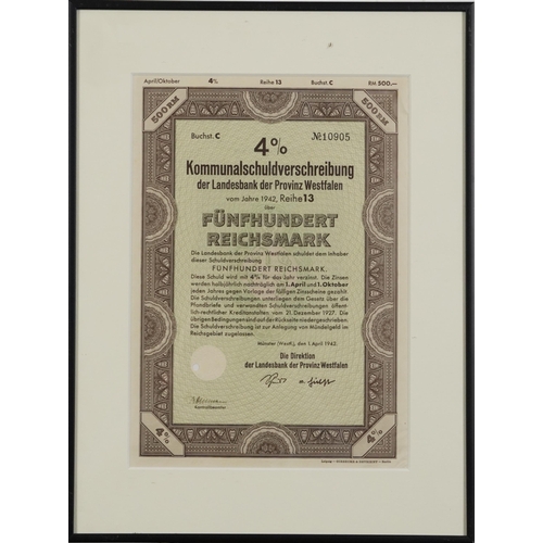 2048 - Three 1940s German share certificates, each mounted, framed and glazed, each approximately 29cm x 21... 