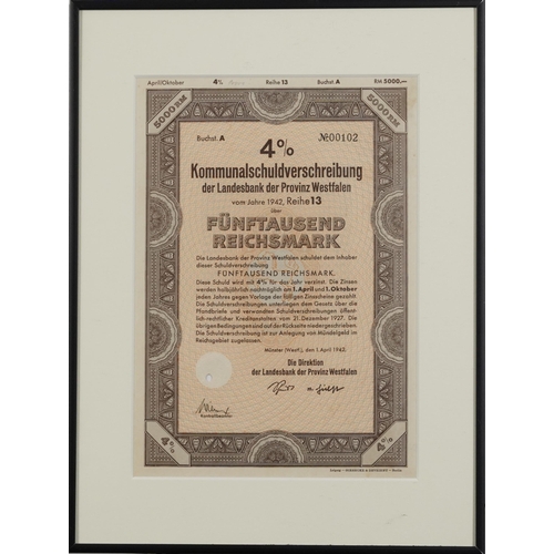 2048 - Three 1940s German share certificates, each mounted, framed and glazed, each approximately 29cm x 21... 