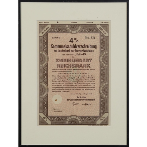 2048 - Three 1940s German share certificates, each mounted, framed and glazed, each approximately 29cm x 21... 