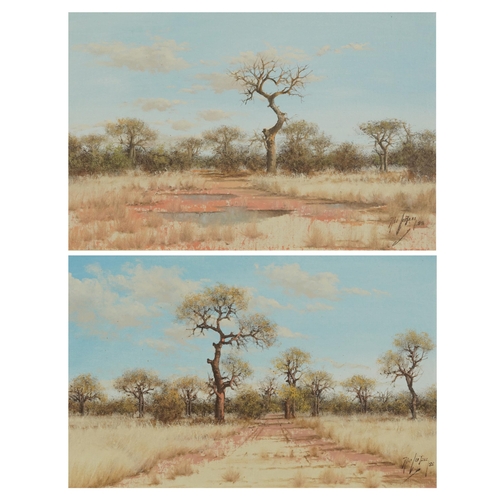 330 - Nico Coetzee - South African landscapes, pair of oil on boards, mounted and framed, each 55cm x 34.5... 