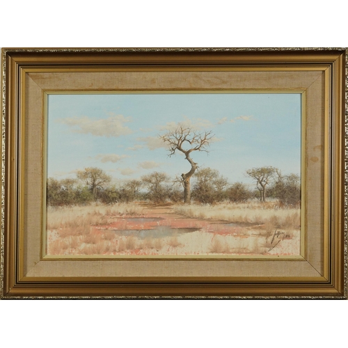 330 - Nico Coetzee - South African landscapes, pair of oil on boards, mounted and framed, each 55cm x 34.5... 