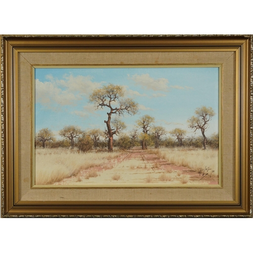 330 - Nico Coetzee - South African landscapes, pair of oil on boards, mounted and framed, each 55cm x 34.5... 