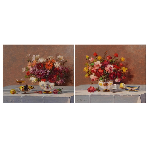 164 - Keist Vukovic - Still life flowers, vessels and fruit, pair of oil on boards, each framed, each 24cm... 