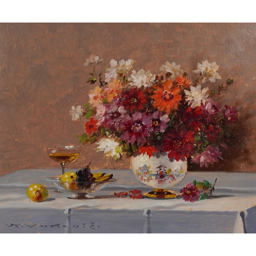 164 - Keist Vukovic - Still life flowers, vessels and fruit, pair of oil on boards, each framed, each 24cm... 