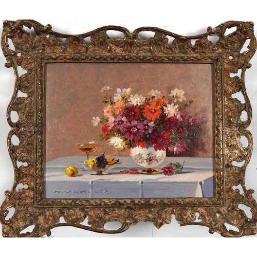 164 - Keist Vukovic - Still life flowers, vessels and fruit, pair of oil on boards, each framed, each 24cm... 