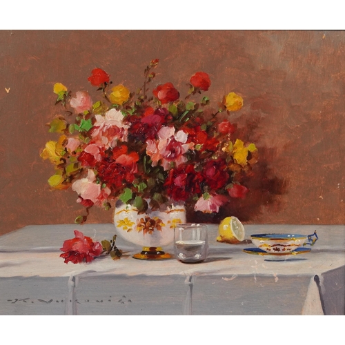 164 - Keist Vukovic - Still life flowers, vessels and fruit, pair of oil on boards, each framed, each 24cm... 