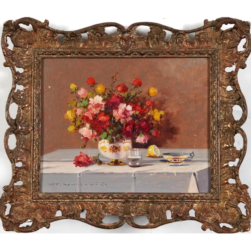 164 - Keist Vukovic - Still life flowers, vessels and fruit, pair of oil on boards, each framed, each 24cm... 