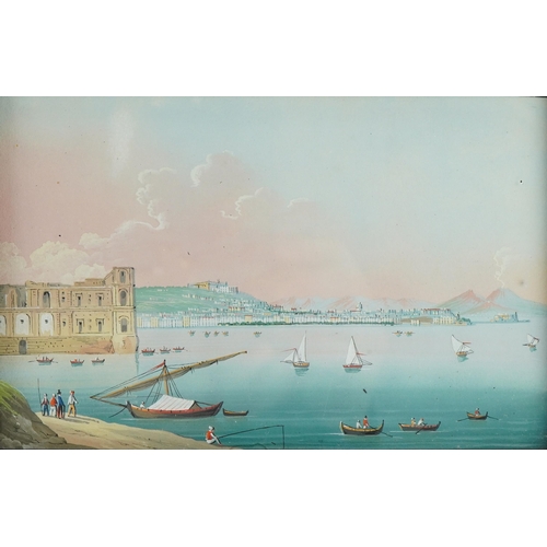 106 - Harbour scenes, town scenes and erupting volcanoes, set of six Neapolitan school gouaches, each with... 