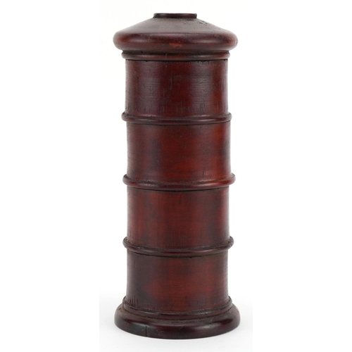 418 - George III style treen tower spice box for cloves, ginger, mace and nutmeg, 19.5cm high