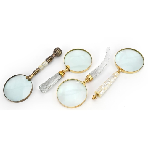 1483 - Four large magnifying glasses, two with mother of pearl handles, the largest 26cm in length