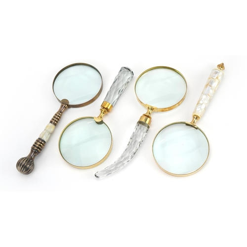 1483 - Four large magnifying glasses, two with mother of pearl handles, the largest 26cm in length