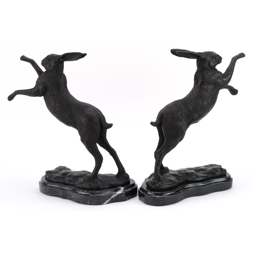 227 - Pair of patinated bronze boxing hares raised on marble bases, each 30cm high