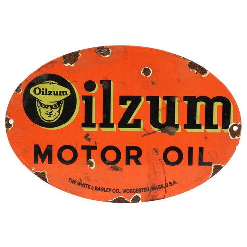 469 - Enamel Oilzum Motor Oil oval advertising sign, 30cm x 20cm