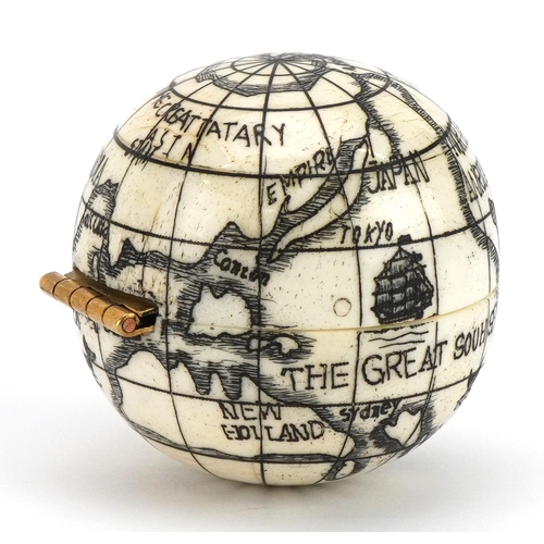 427 - Naval interest carved bone pocket globe compass, 7cm in diameter