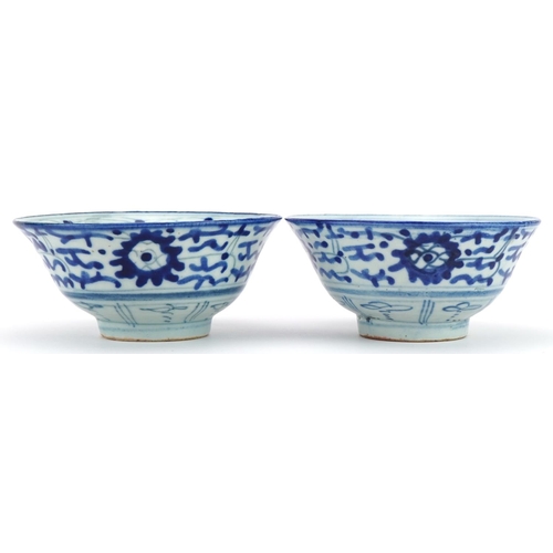 1480 - Pair of Chinese blue and white porcelain bowls hand painted with flowers, character marks to the bas... 