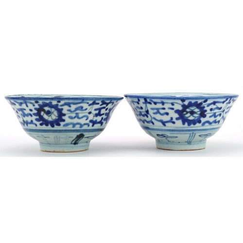 1480 - Pair of Chinese blue and white porcelain bowls hand painted with flowers, character marks to the bas... 