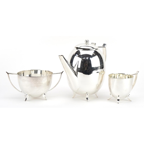 1878 - Art Deco style silver plated three piece tea set, the teapot 21cm wide