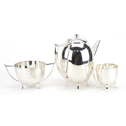 1878 - Art Deco style silver plated three piece tea set, the teapot 21cm wide