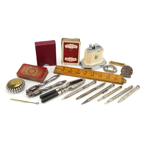 1479 - Objects and sundry items including an Art Deco enamelled table lighter, propelling pencils and foldi... 