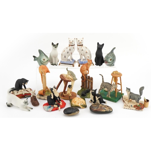 1400 - Collection of porcelain and resin model cats and fish including a pair of Staffordshire Ware seated ... 